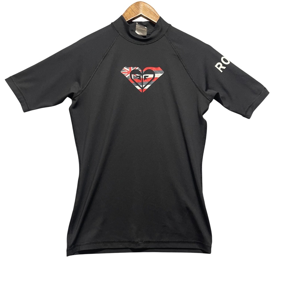 Roxy Rash Guard Girls Size 10 Black Hawaii Heart Logo Short Sleeve Swim Top